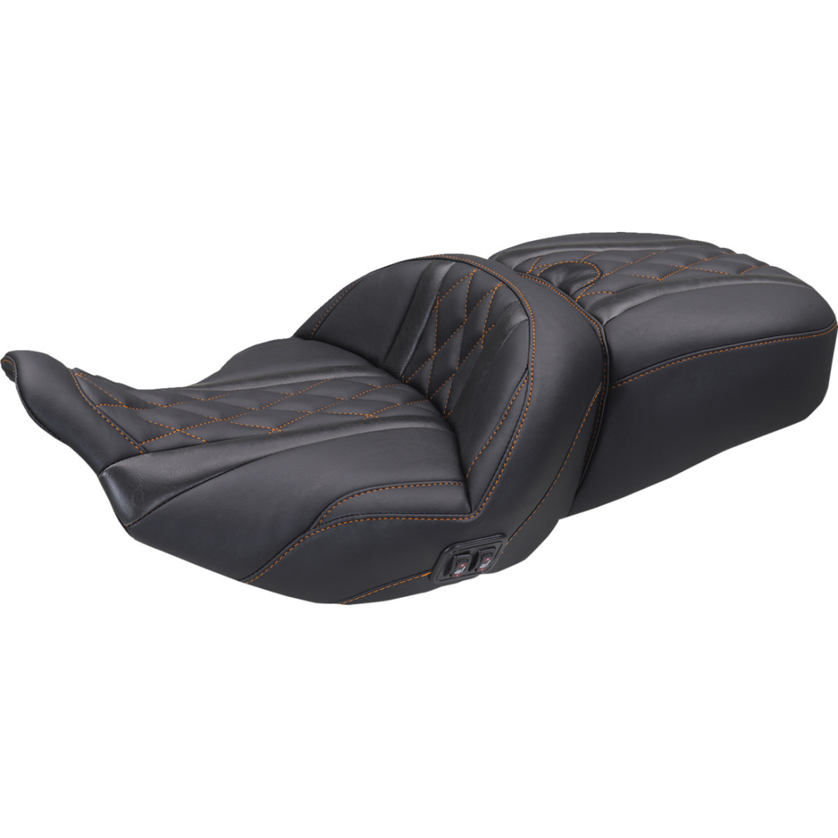 Mustang #89410MO - Heated Super Touring One Piece 2-Up Seat - Deluxe Diamond - Mandarin Orange Stitch - FLT/FLH '23-'26