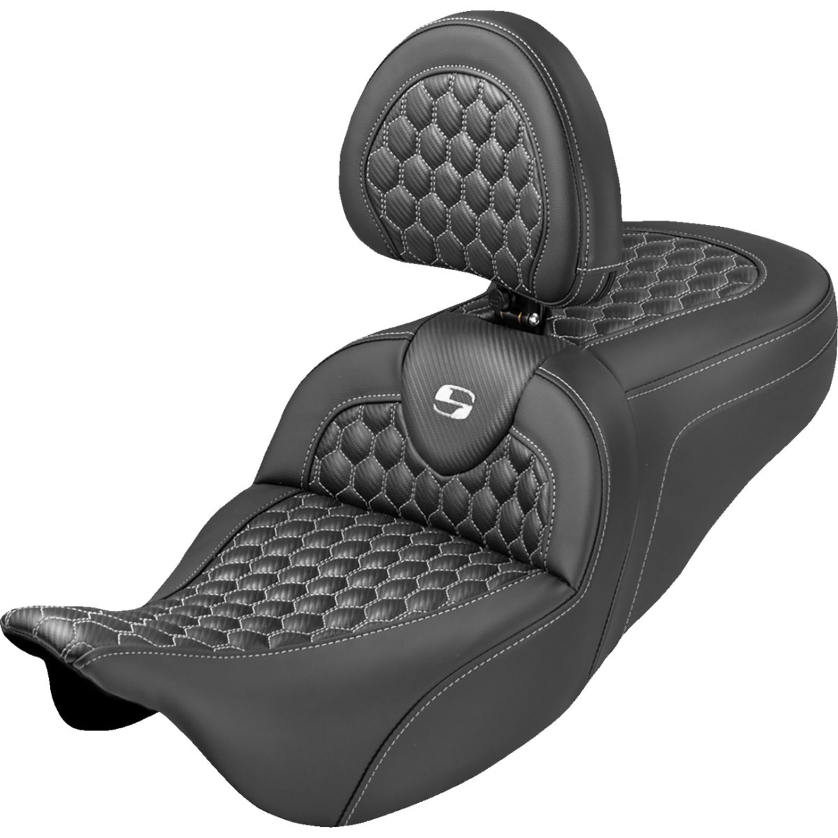 Saddlemen #808-07B-189B6 - Roadsofa™ Seat - Honeycomb Stitch - White Stitch - With Backrest - FLH/FLT '08-'25