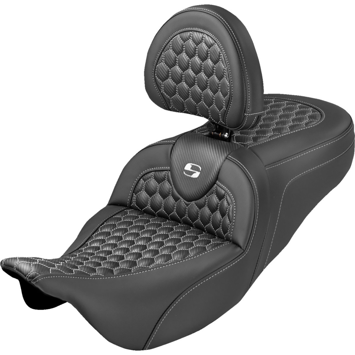 Saddlemen #808-07B-190B6 - Extended Reach RoadSofa™ Seat - Honeycomb - White Stitch - with Backrest - FLH/FLT '08-'25