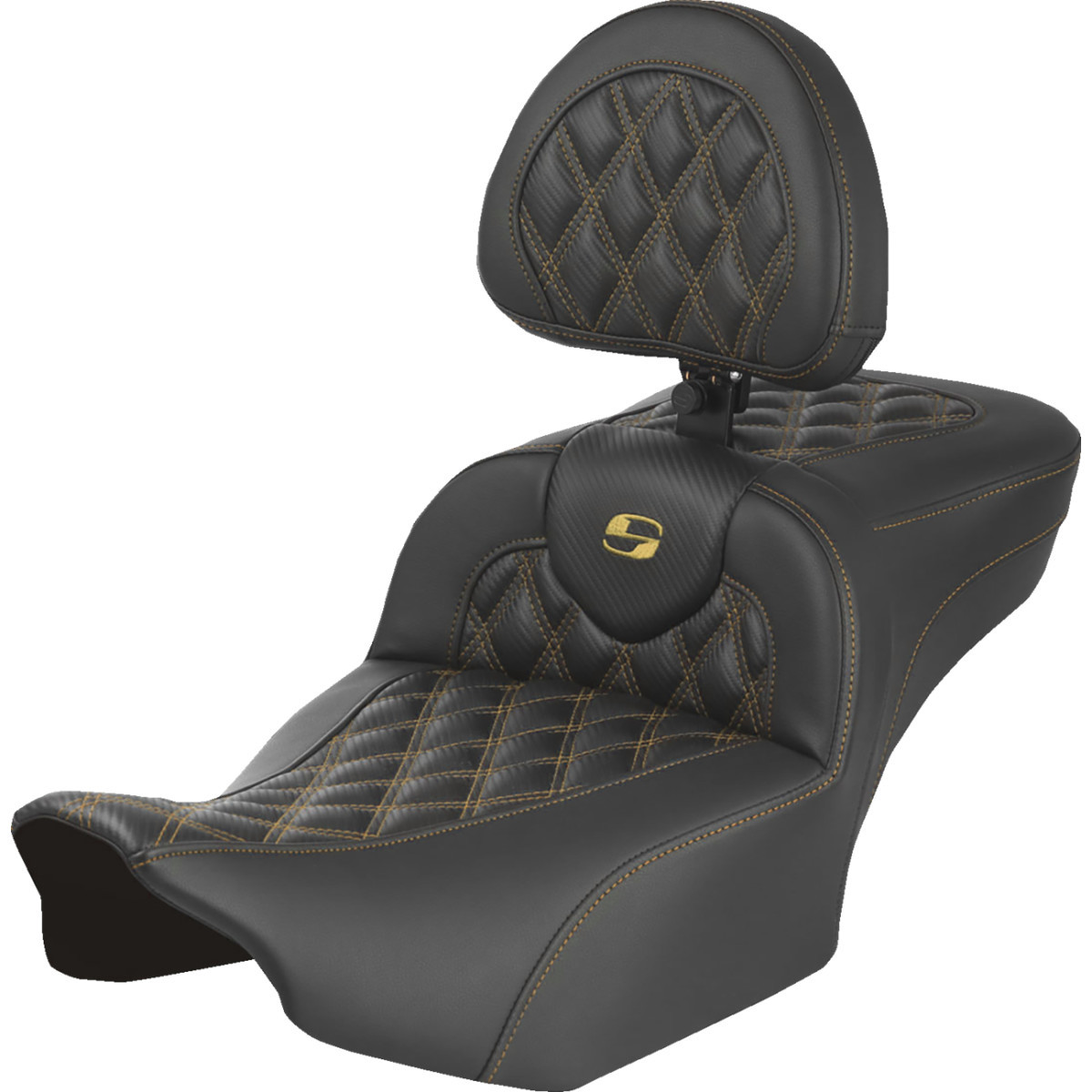 Saddlemen #823-07-207B7 - Extended Reach Roadsofa™ Seat - Carbon Fiber - with Backrest - Gold Lattice Stitch - FLH/FLT '23-'25