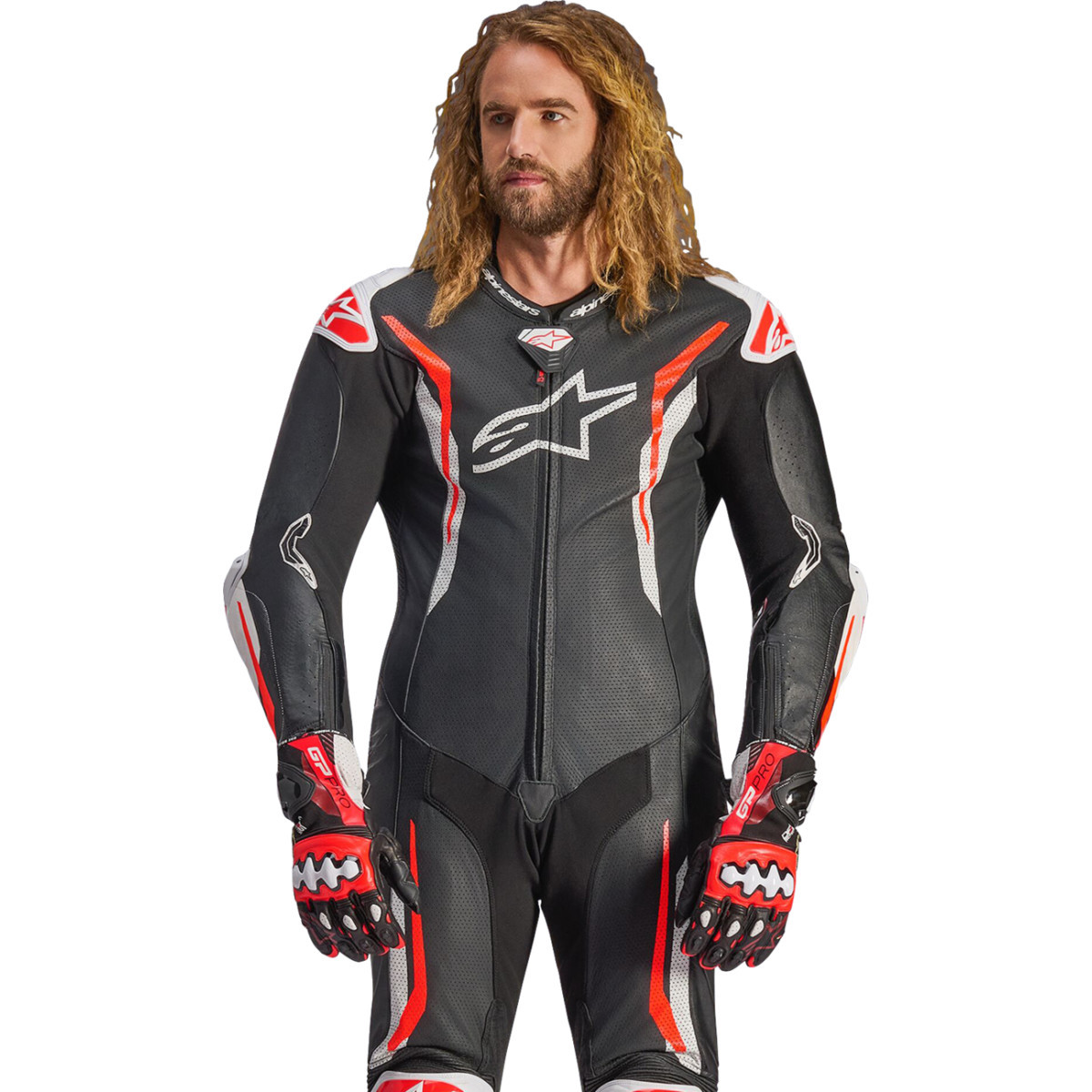 Alpinestars #3150226-1231-56 - GP Tech v5 1-Piece Leather Suit - Black/White/Red Fluo - US 46 / EU 56