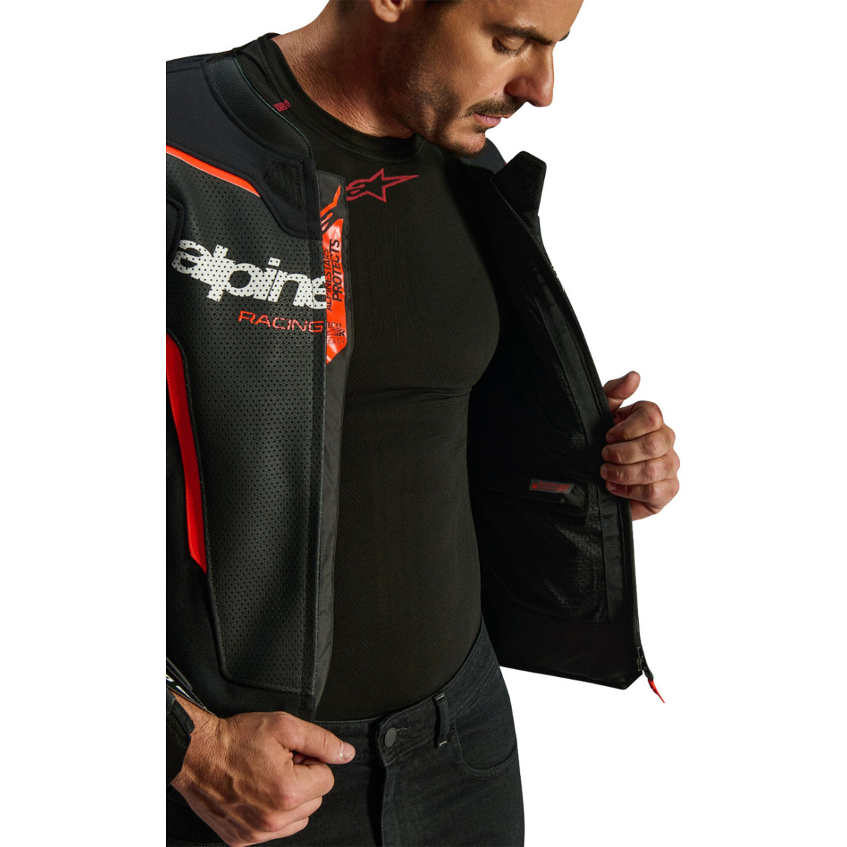 Alpinestars #3100326-1030-48 - GP Force v2 Airflow Leather Jacket - Black/Red Fluo - US 38 / EU 48