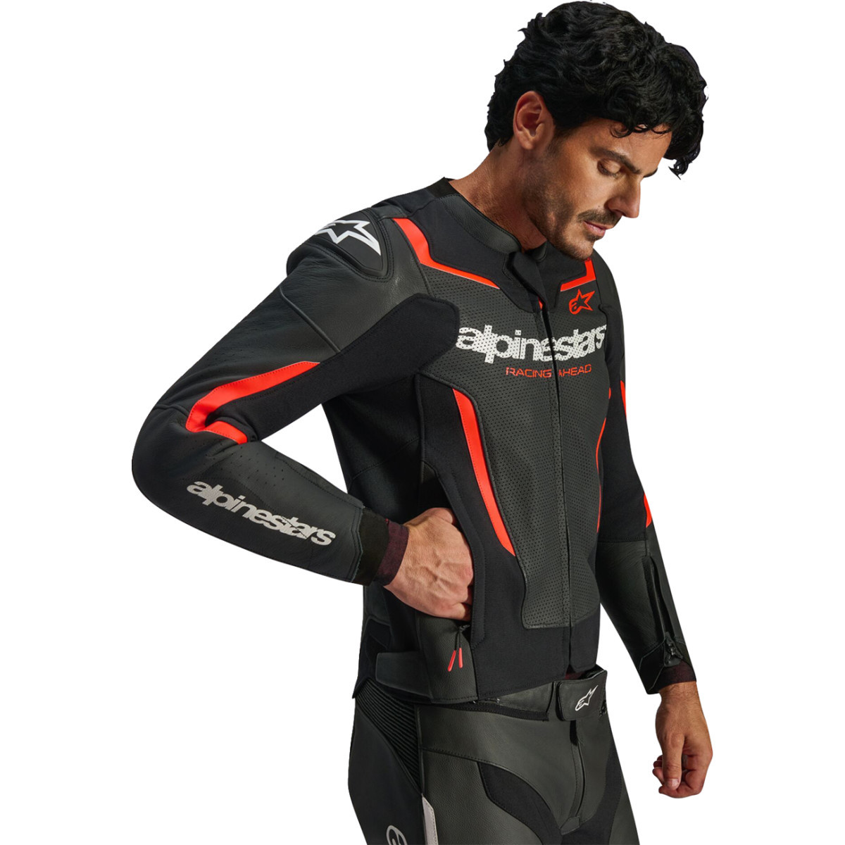 Alpinestars #3100326-1030-58 - GP Force v2 Airflow Leather Jacket - Black/Red Fluo - US 48 / EU 58