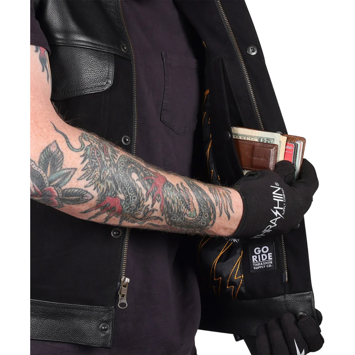 Thrashin Supply CO. #TMJ-13-11 - Kanan Leather/Denim Riding Vest - Black - XL
