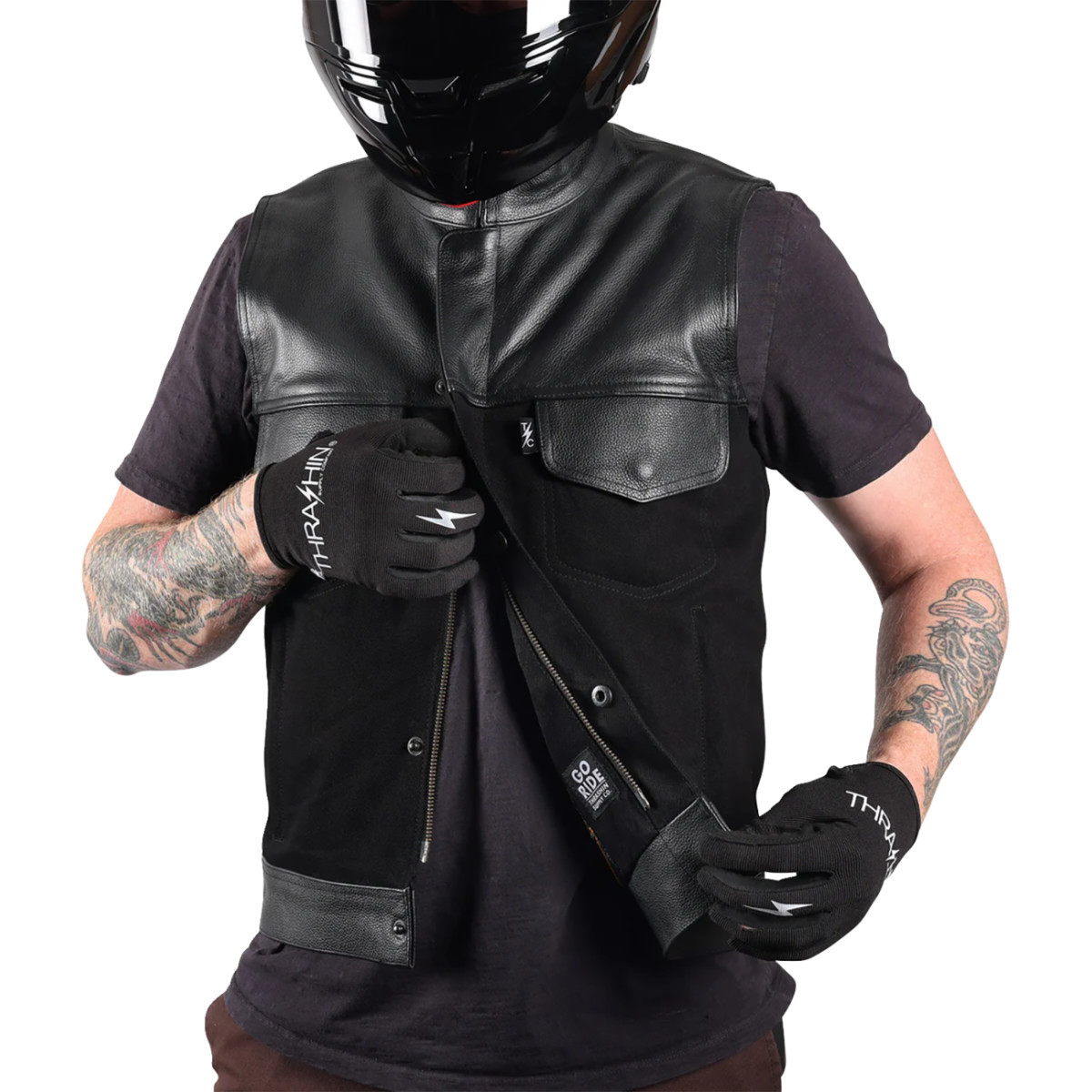 Thrashin Supply CO. #TMJ-13-12 - Kanan Leather/Denim Riding Vest - Black - 2XL