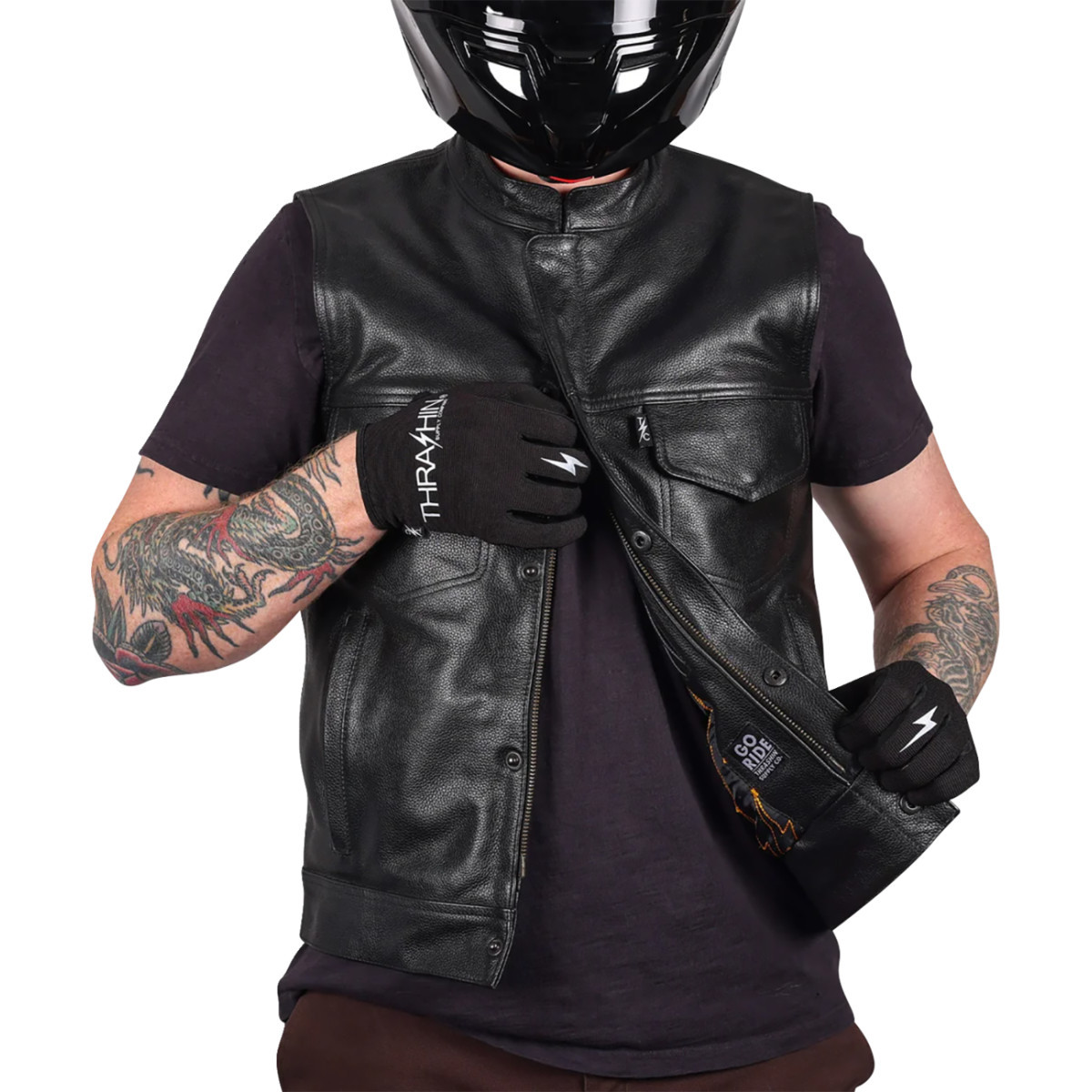 Thrashin Supply CO. #TMJ-14-11 - Mulholland Leather Riding Vest - Black - XL