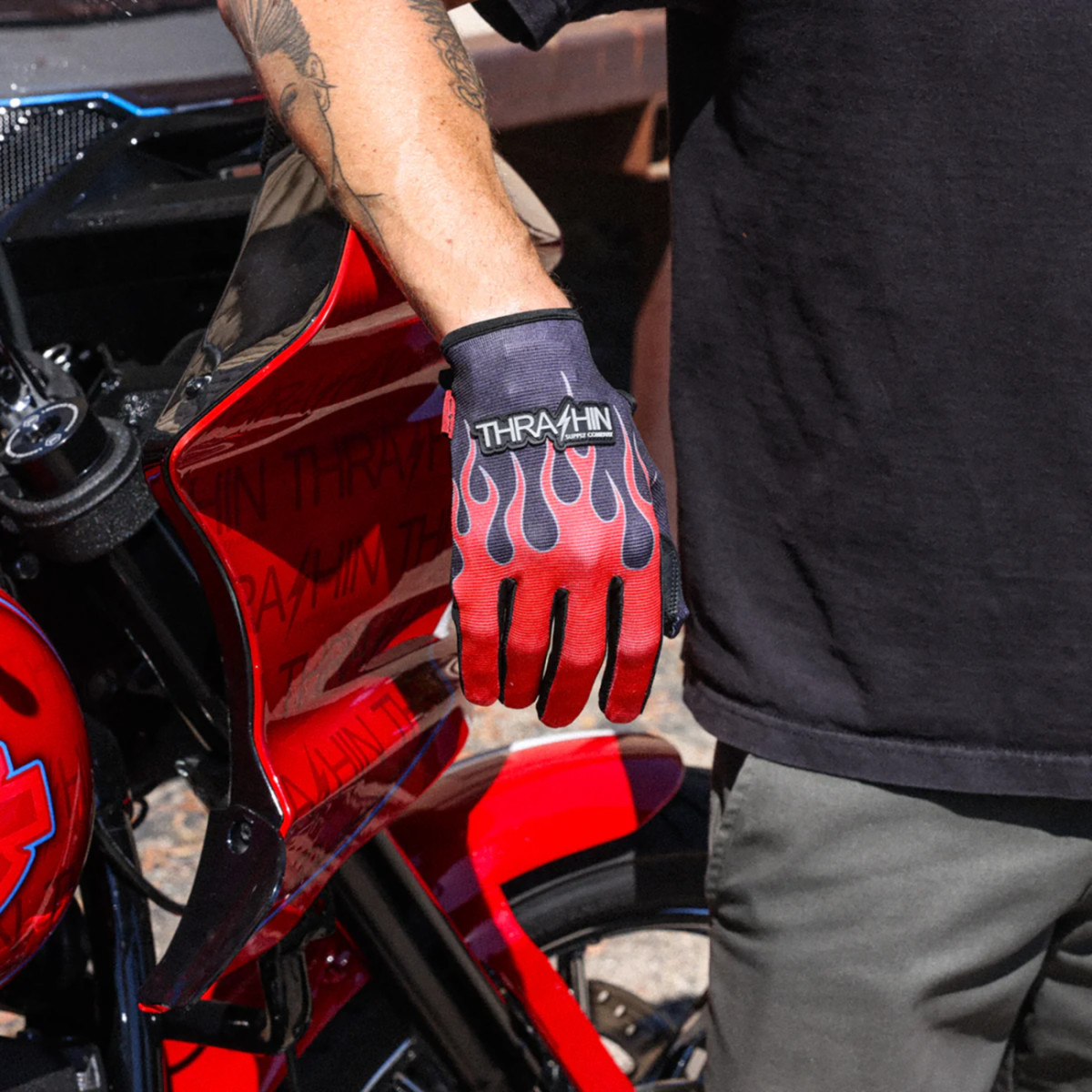 Thrashin Supply CO. #SV1-21-11 - Stealth Leather Palm Flame Gloves - Red - XL