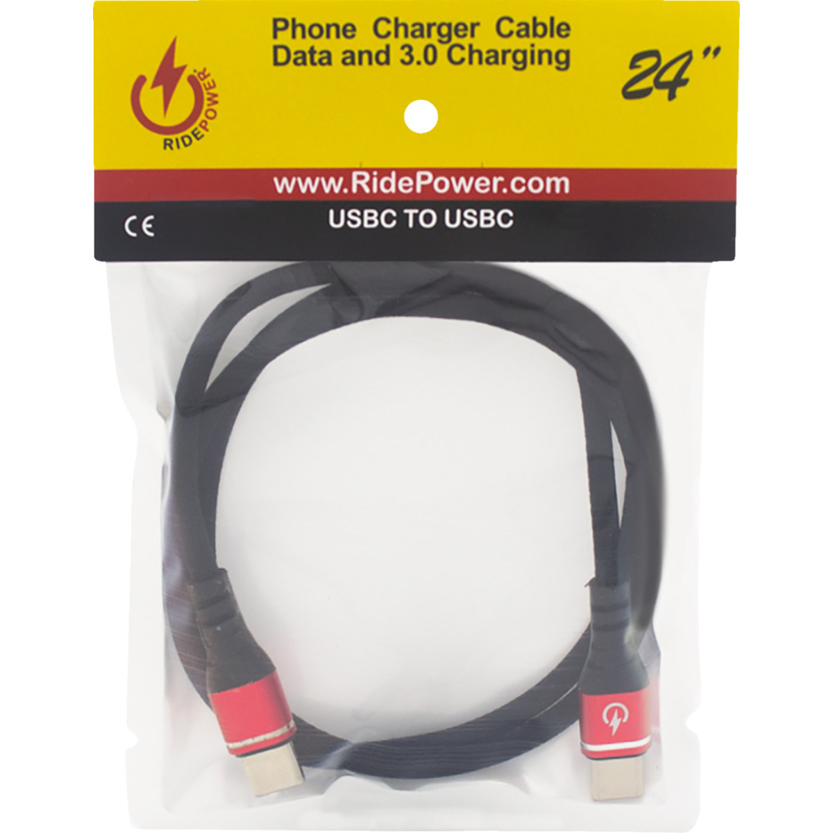 Ridepower #RPUSBCUSBC24 - Male USB-C to Male USB-C Cable - Phone - Fast/Charger - 24" - Black/Red