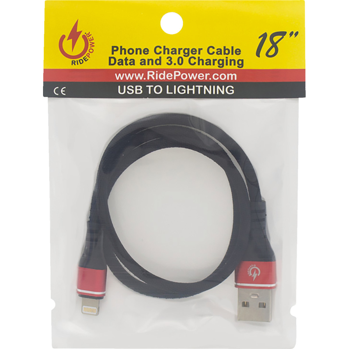 Ridepower #RPUSBLHT18 - Male USB to Male Lightning Cable - Phone - Charger - 18" - Black/Red