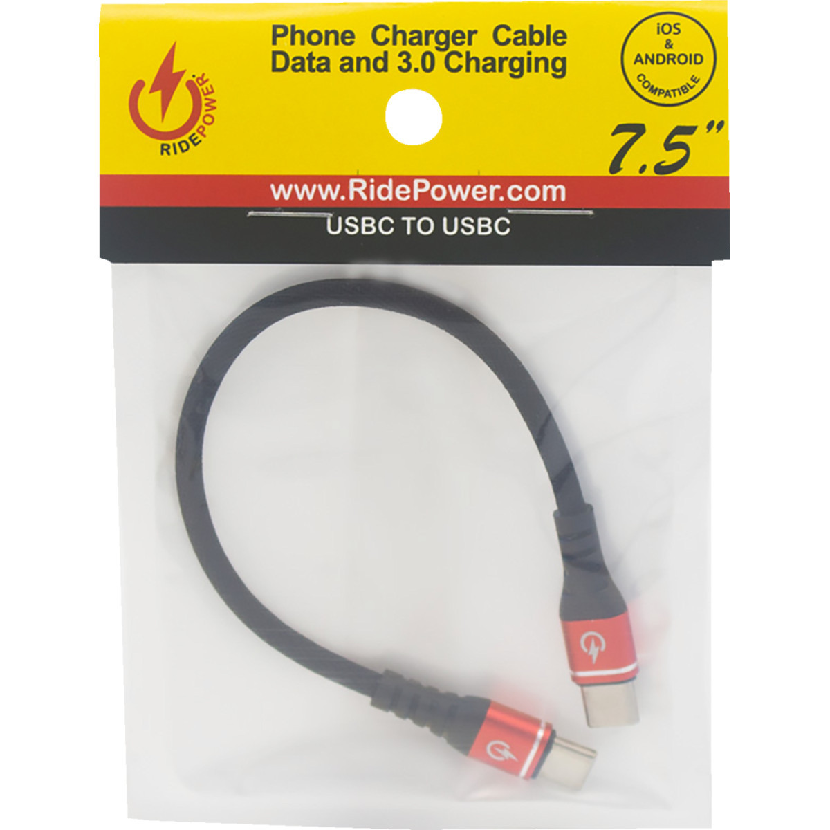 Ridepower #RPUSBCUSBC75 - Male USB-C to Male USB-C Cable - Phone Charger - Heavy-Duty - 7-1/2" - Black/Red