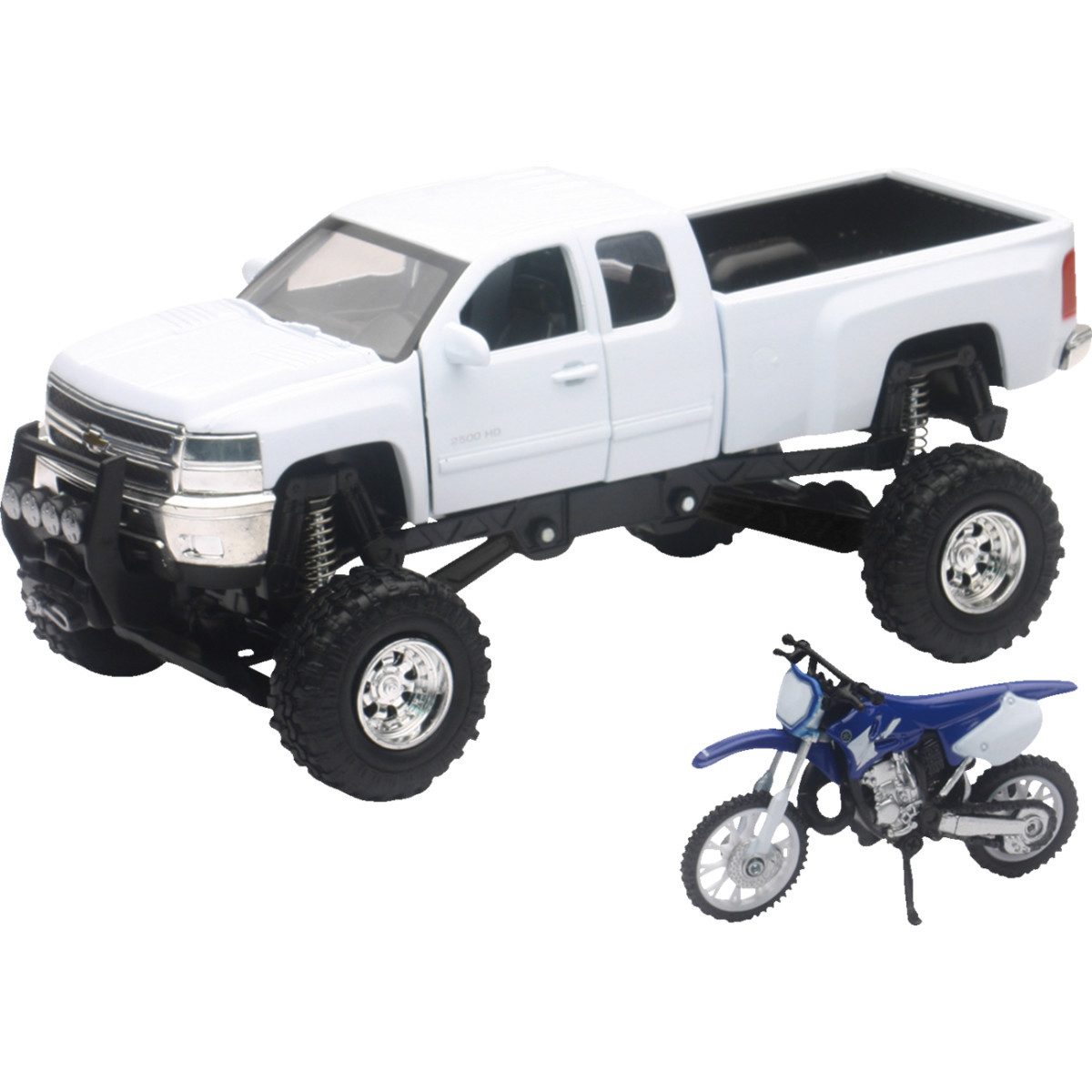 NEW RAY Toys #SS-54416 - Chevrolet Silverado Offroad Pick Up w/ Yamaha Dirt Bike - 1:32 Scale - White/Black/Blue