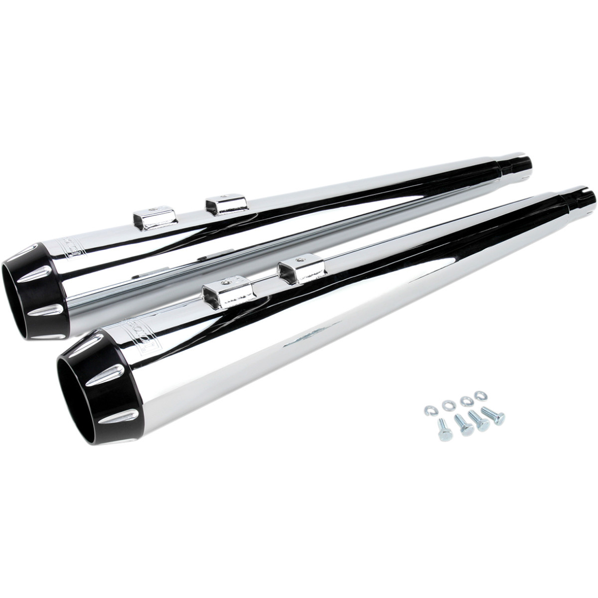 Bassani Xhaust #FLH-517RL - Megaphone Slip-On Mufflers - Chrome/Black - Fluted - Performance Baffle