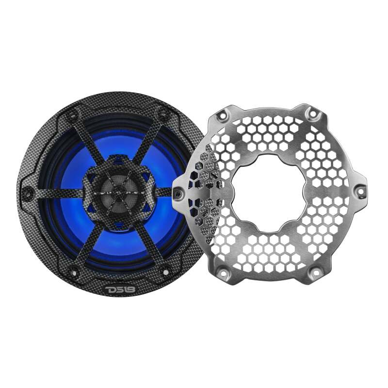 DS18 CF-6MD DS18 Hybrid Marine Speaker w/ Driver And RGB LED 6.5in 2-Way 250 Watts RMS 4 ohm Crbn Fiber w/ Cover
