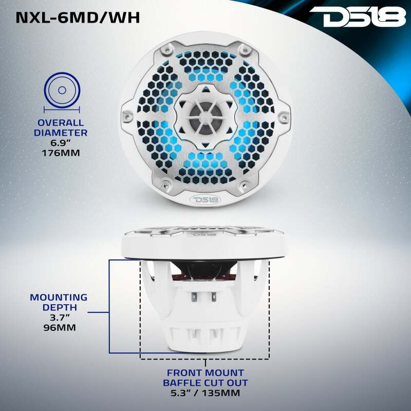 DS18 NXL-6MD/WH DS18 Hybrid Marine Speaker w/ Driver And RGB LEDs 6.5in 2-Way 250 Watts RMS 4 ohm White w/ Covers