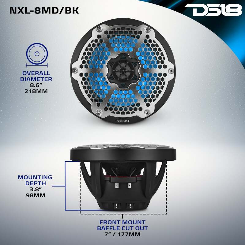 DS18 NXL-8MD/BK DS18 Hybrid Marine Speaker w/ Driver And RGB LEDs 8in 2-Way 350 Watts RMS 4 ohm Black w/ Covers