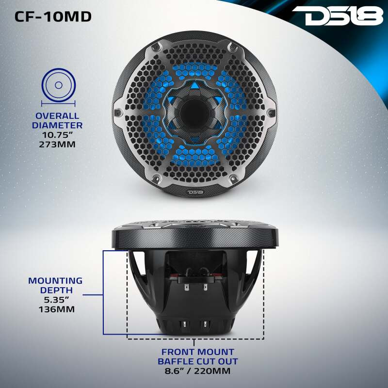 DS18 CF-10MD DS18 Hybrid Marine Speakers w/ Driver And RGB LED 10in 2-Way 450 Watts RMS 4 ohm Crbn Fiber w/ Cover