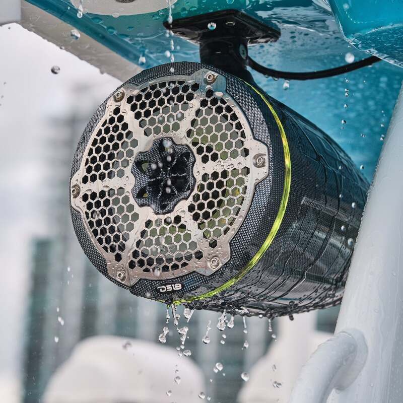 DS18 CF-X8TPNEO DS18 Marine And Psports Towers With Built In 8in 1in Driver 180 Watts RMS RGB LEDs Blk Crbn Fiber