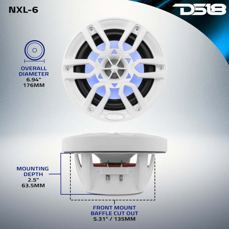 DS18 NXL-6 DS18 NXL Series Coaxial Marine Speaker w/ RGB Lights 6.5in 2-Way 100 Watts RMS 4 ohm White