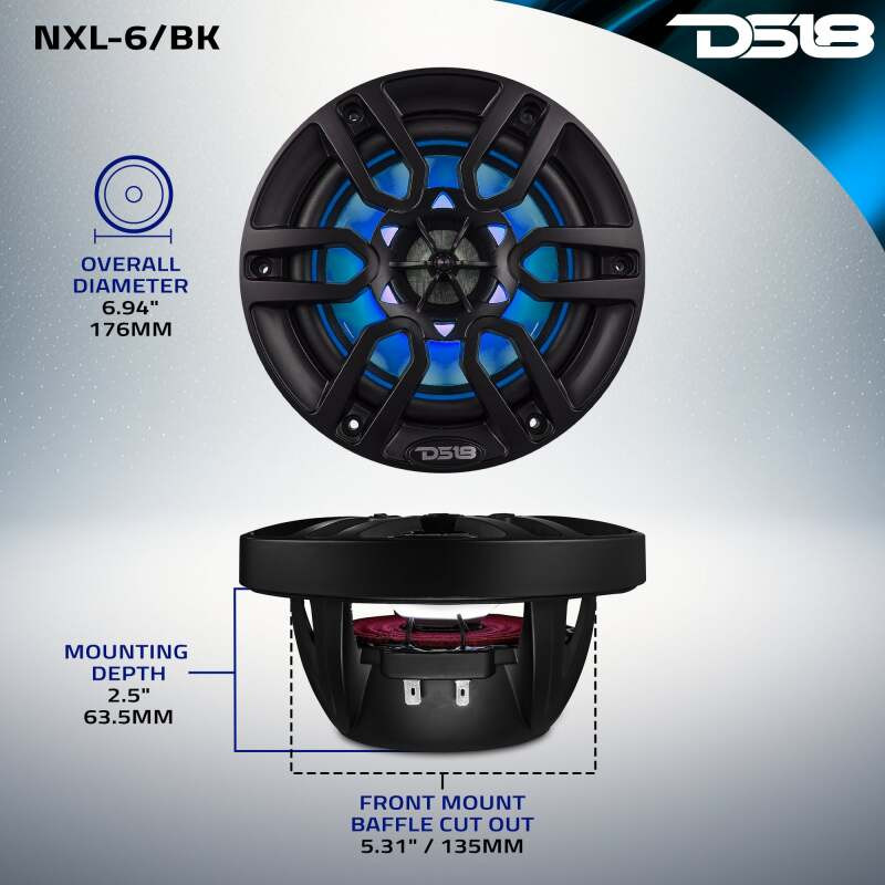 DS18 NXL-6/BK DS18 NXL Series Coaxial Marine Speakers w/ RGB Lights 6.5in 2-Way 100 Watts RMS 4 ohm Black