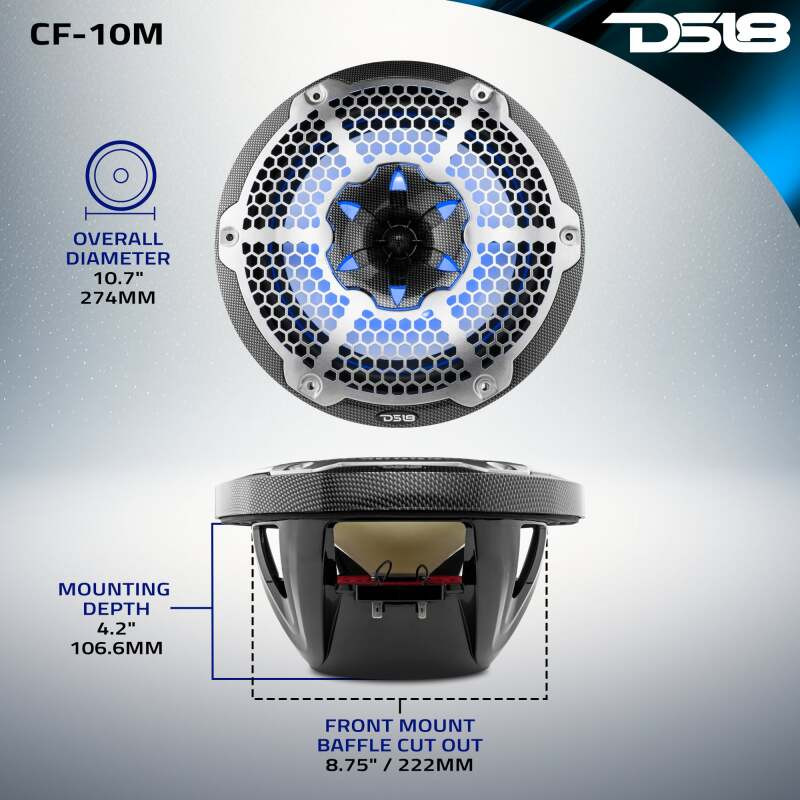 DS18 CF-10M DS18 NXL-M Series Speaker w/ RGB LED Lights 10in 2-Way 200 Watts RMS 4 ohm Black Carbon Fiber