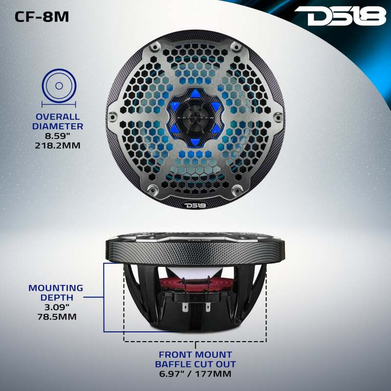 DS18 CF-8M DS18 NXL-M Series Speaker w/ RGB LED Lights 8in 2-Way 125 Watts RMS 4 ohm Black Crbn Fiber w/ Cover