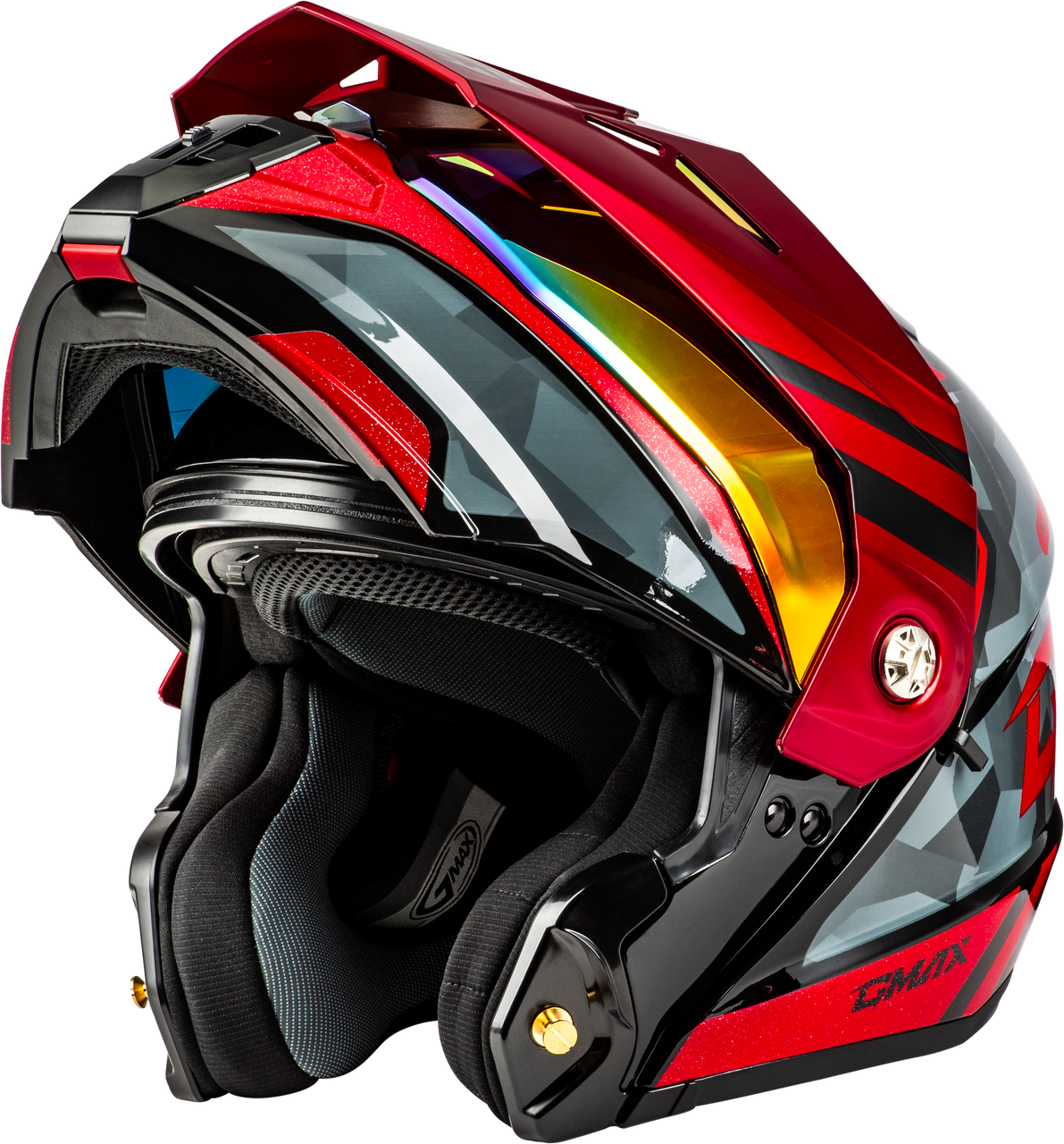 Gmax #M17411157 - Md-74 Striker Modular Helmet W RED Shield BLK/GRY/RD Mtlc XL