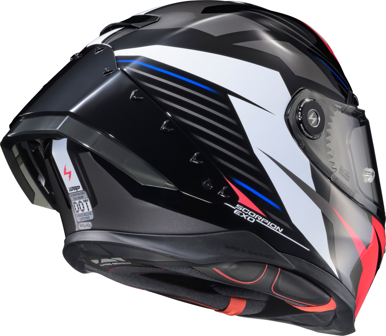 Scorpion EXO #WAR-3003 - Apex Exo-warp Full Face Helmet Dilithium BLK/RED/WHT/Blue SM