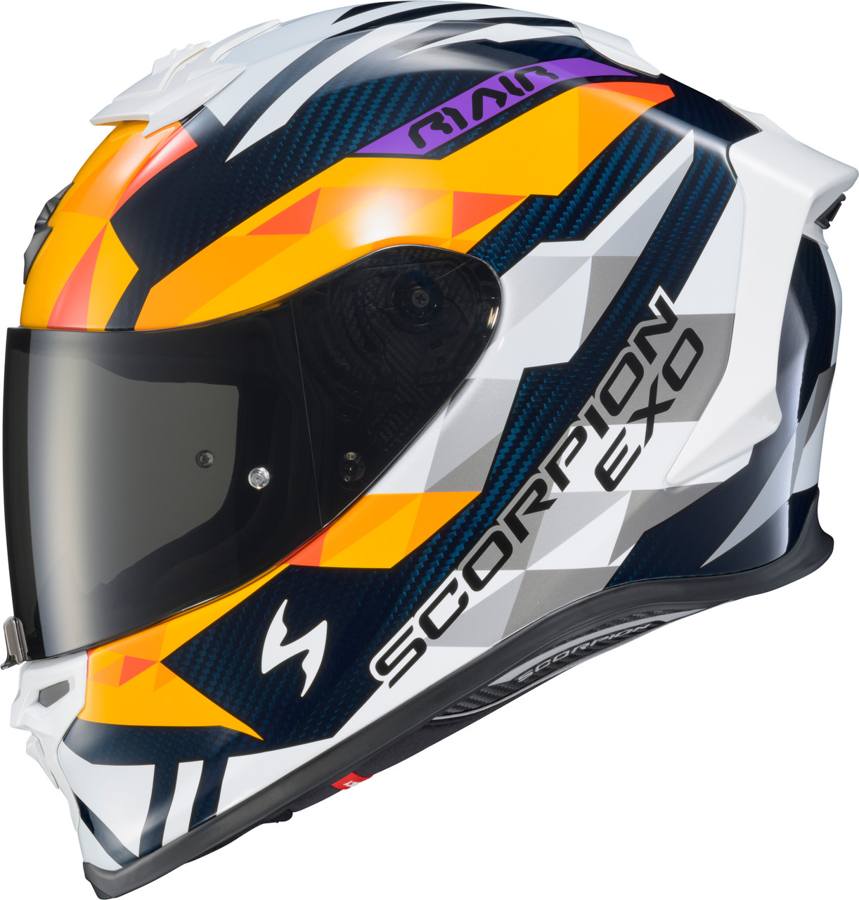 Scorpion EXO #R1C-2116 - Exo-r1 AIR Full Face Helmet Carbon Rastor OR/WHT/Blue XL