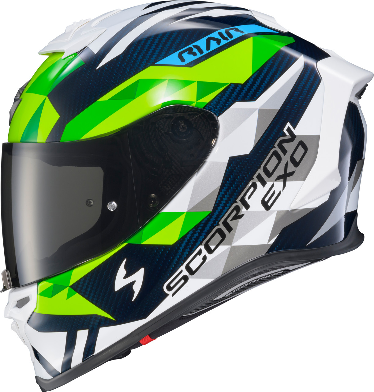 Scorpion EXO #R1C-2106 - Exo-r1 AIR Full Face Helmet Carbon Rastor WHT/GRN/Blue XL