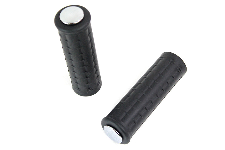 V-Twin #17-0507K - Replica Black Waffle Handlebar Grip Set with Chrome Plugs