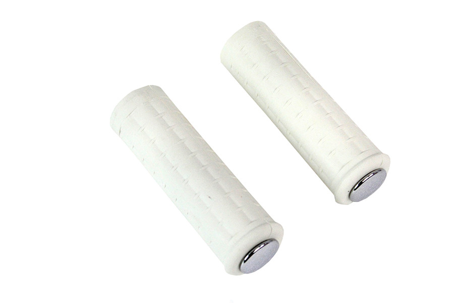 V-Twin #17-0507WK - Replica White Waffle Style Grip Set with Chrome Plugs