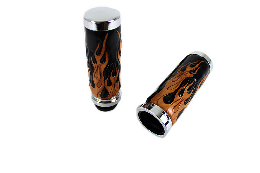 V-Twin #78455 - Amber Flame Style Throttle By Wire Grip Set with Chrome Ends