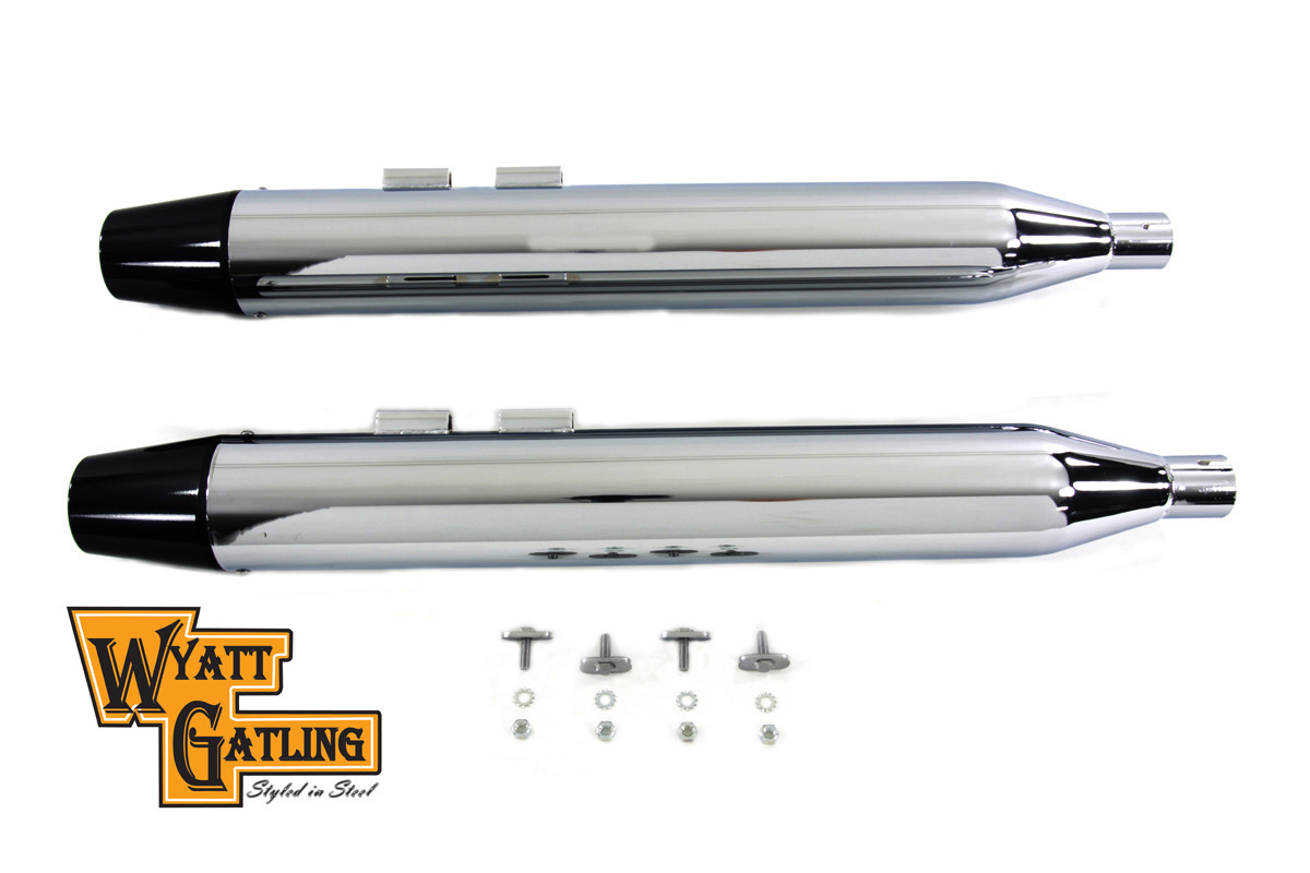 V-Twin #9986 - Wyatt Gatling Muffler Set with Black Long Tapered End Tips