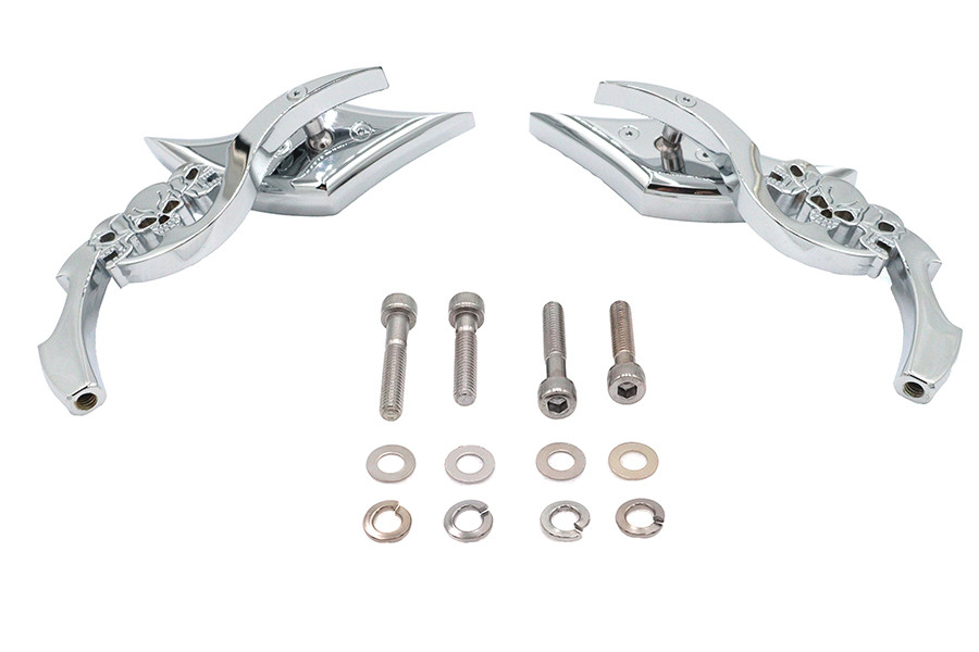 Wyatt Gatling #76489B4 - Diamond Shaped Mirror Set with Billet Tri Skull Stems