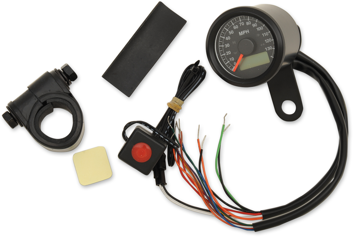 Programmable Speedometer with Indicator Lights - Gloss Black - 120 MPH LED Black Face - 1-7/8"