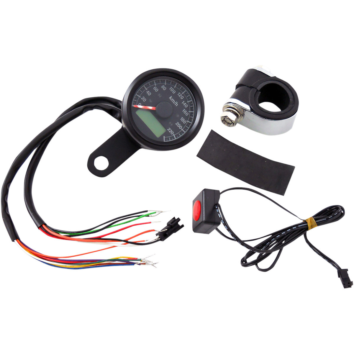 Drag Specialties - Mini Programmable Speedometer with Indicator Lights - Gloss Black - KPH - Black Face
