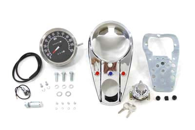 V-Twin #90061S8 - Chrome Three Light Dash Panel Kit with 2:1 Ratio Speedometer