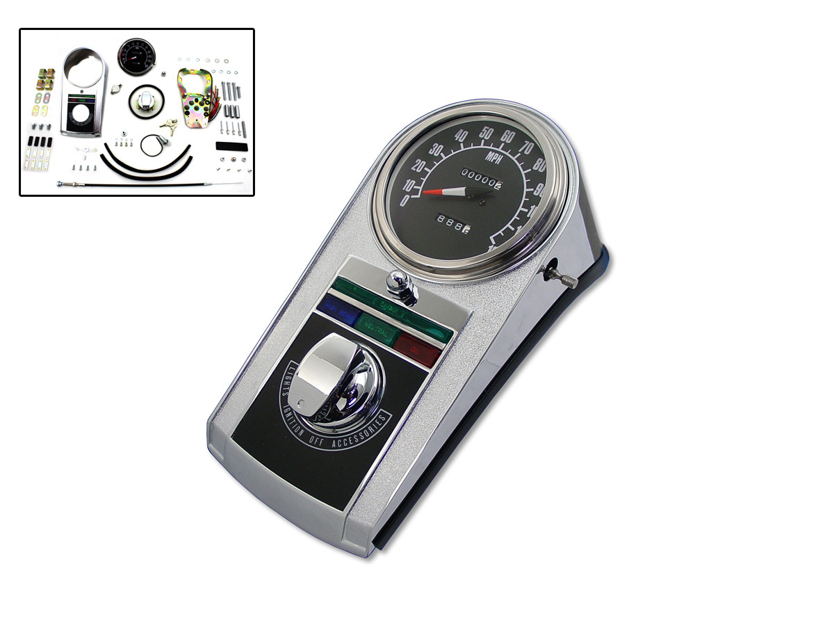 V-Twin #90063S8 - Chrome Cast Dash Panel Kit with 2:1 Ratio Speedometer