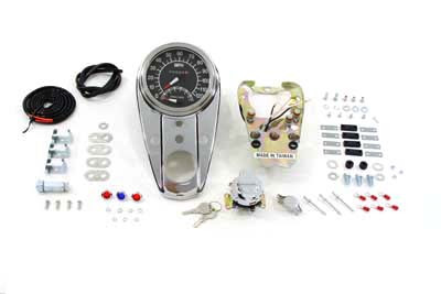 V-Twin - Chrome Three Light Dash Panel Kit with 1:1 Ratio Speedometer