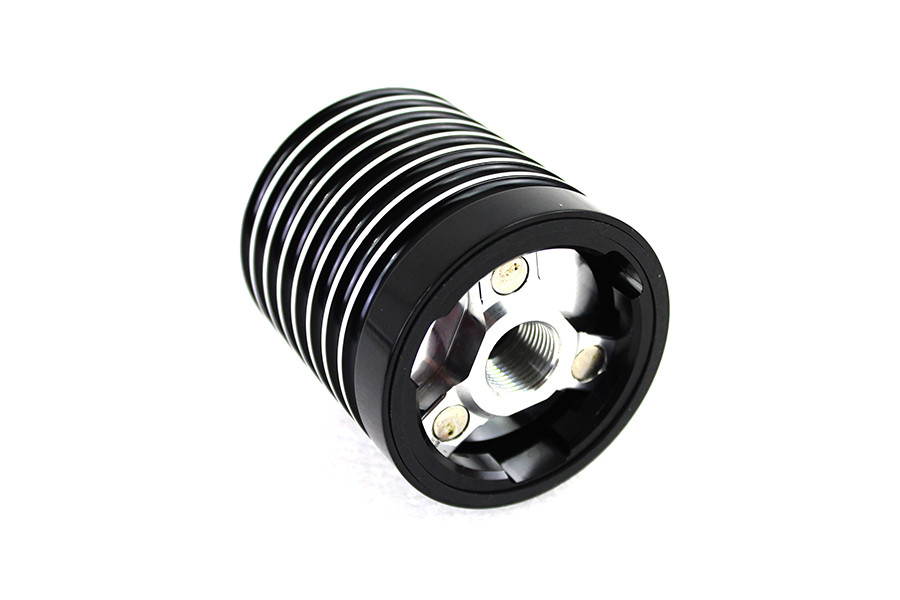 V-Twin #120244 - Finned Black Anodized Oil Filter Kit with Raw Accents