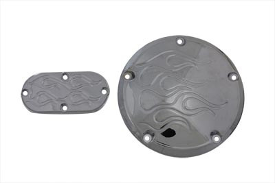 V-Twin #63184 - 5-Hole Flame Derby and Oval Inspection Set Chrome