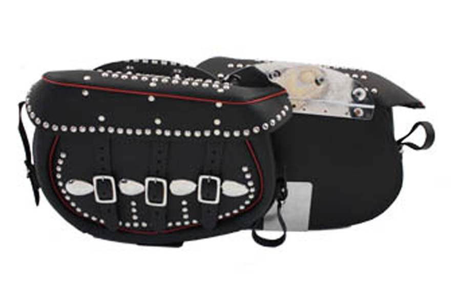 V-Twin - Black Leather Saddlebags With Red Trim