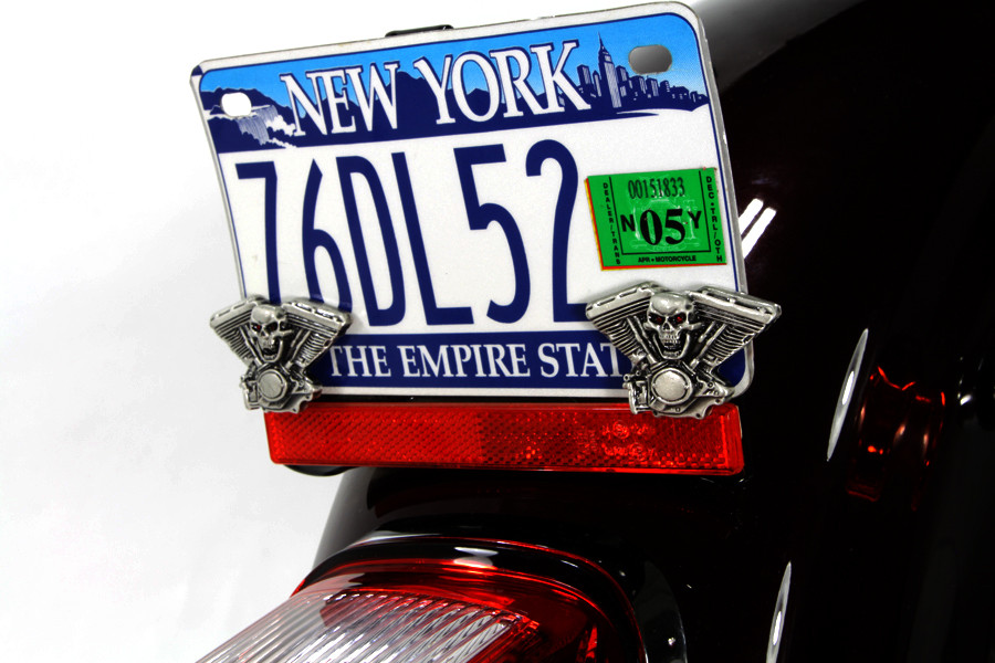 V-Twin #13-1227 - Skull on Panhead Engine License Plate Topper Set