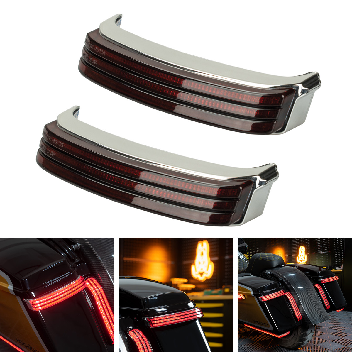 Hogworks Hogworkz® Trilogy Led Saddlebag Lights for Harley® Touring '14-'25 | Chrome (red Lens)