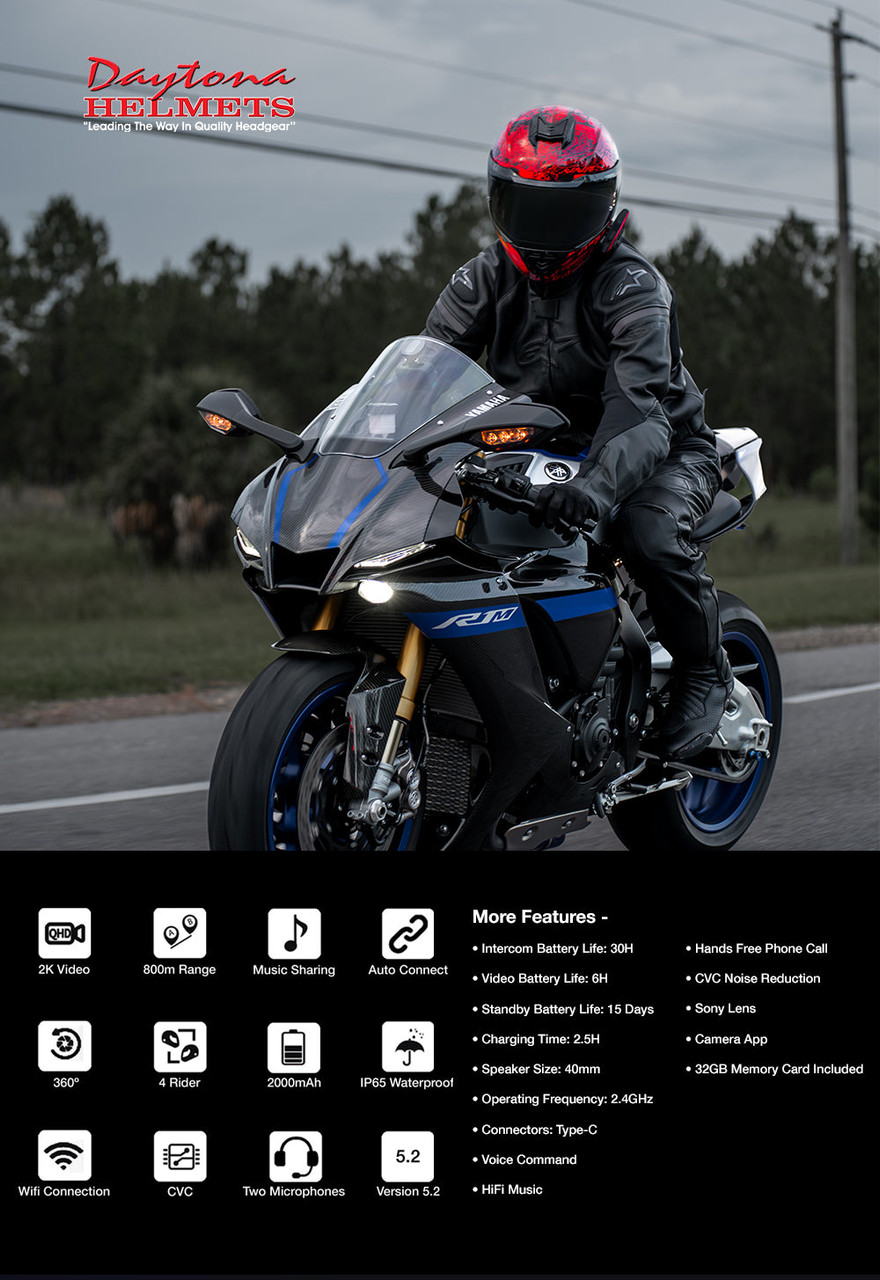 Daytona Helmets Motorcycle Bluetooth Headset - Motorcycle Communication System For All Types of Helmets - Cam