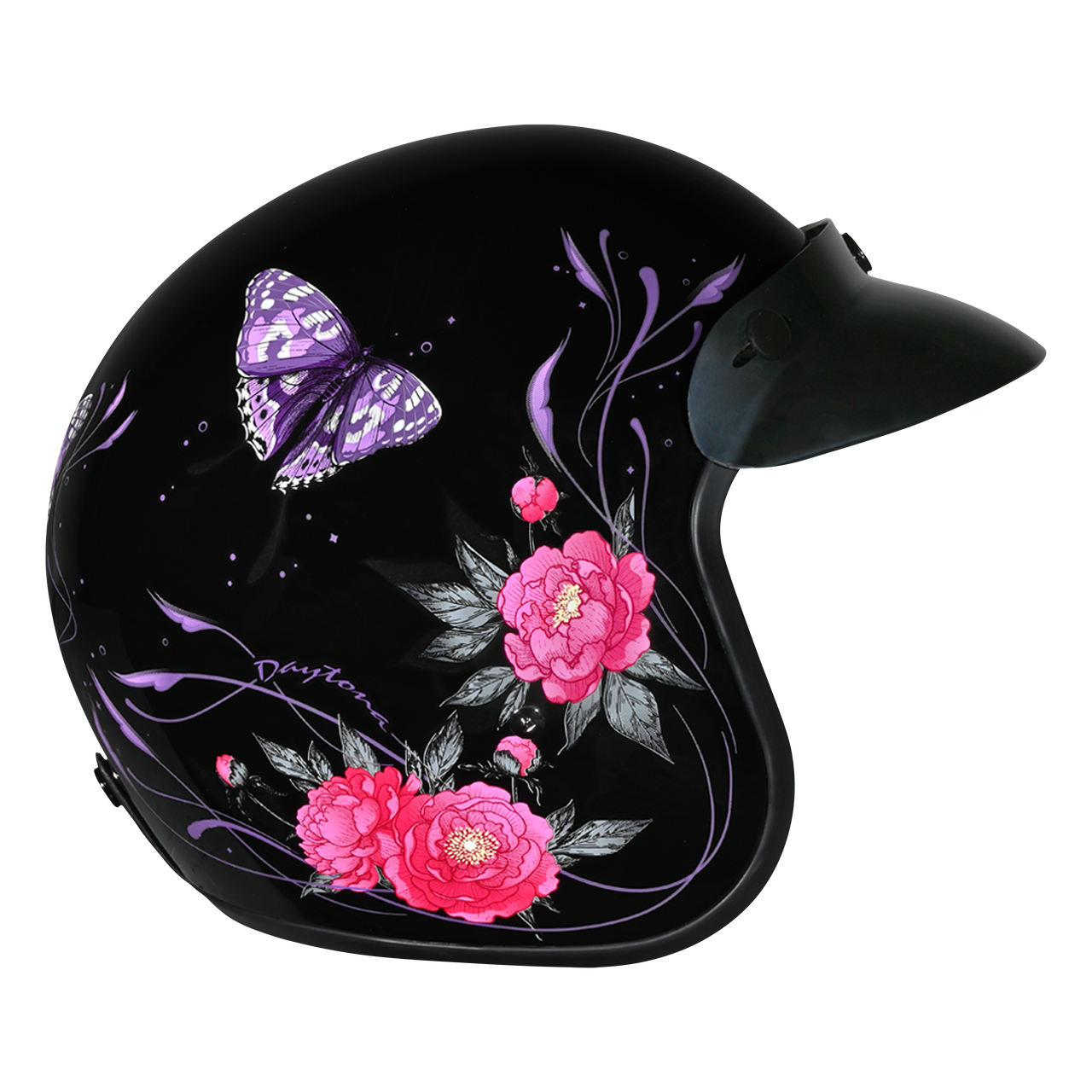 DOT Approved Daytona Cruiser Open Face Motorcycle Helmet - Men, Women & Youth - With Visor & Graphics - W/ Butterfly
