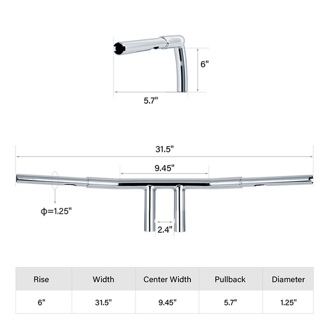 Custom Chrome 6" Rise 1 1/4" T-Bar Handlebar Bar Chrome Fits For Harley Softail Chopper