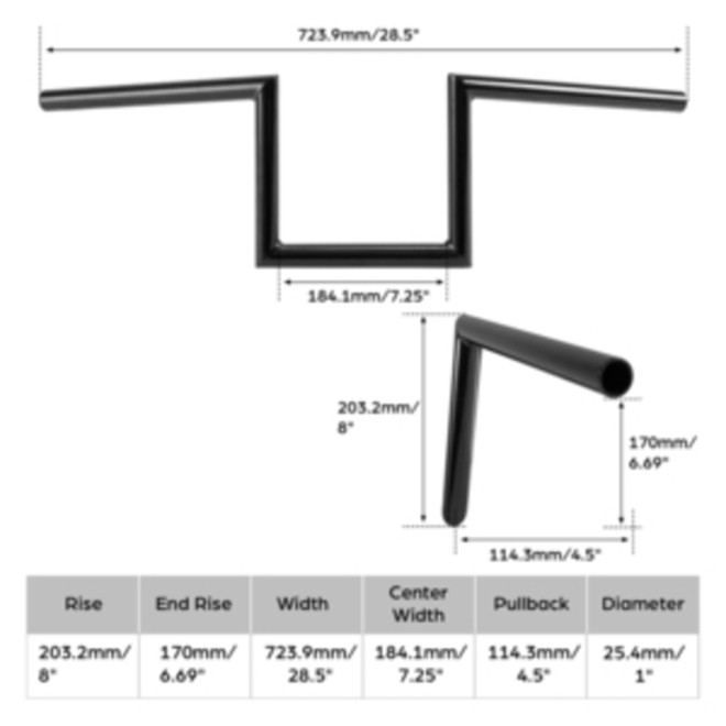 Jammer Gloss Black 1" Fat 8 - Rise 60's Handlebar Without Indent Fit For Harley 1" Clamp