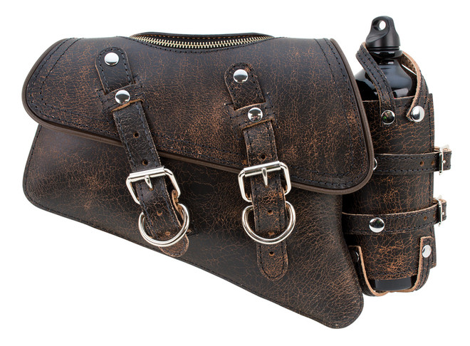 La Rosa Design Black Brown  Leather Zipper Left Swing Arm Solo SaddleBag W/Bottle For Harley Sportster
