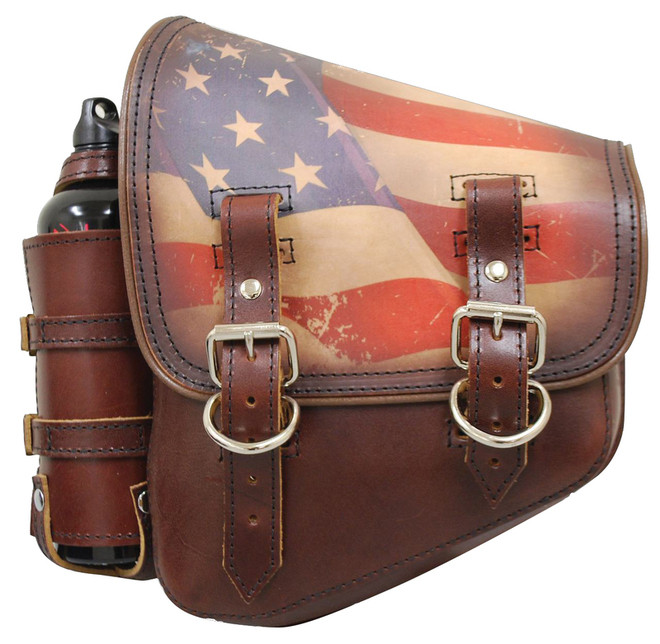 ANTIQUE BRN.USA FLAG LEFT SADDLEBAGS W/BOTTLE
